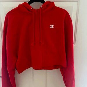 Champion Women's Red Cropped Hoodie Sweatshirt Medium